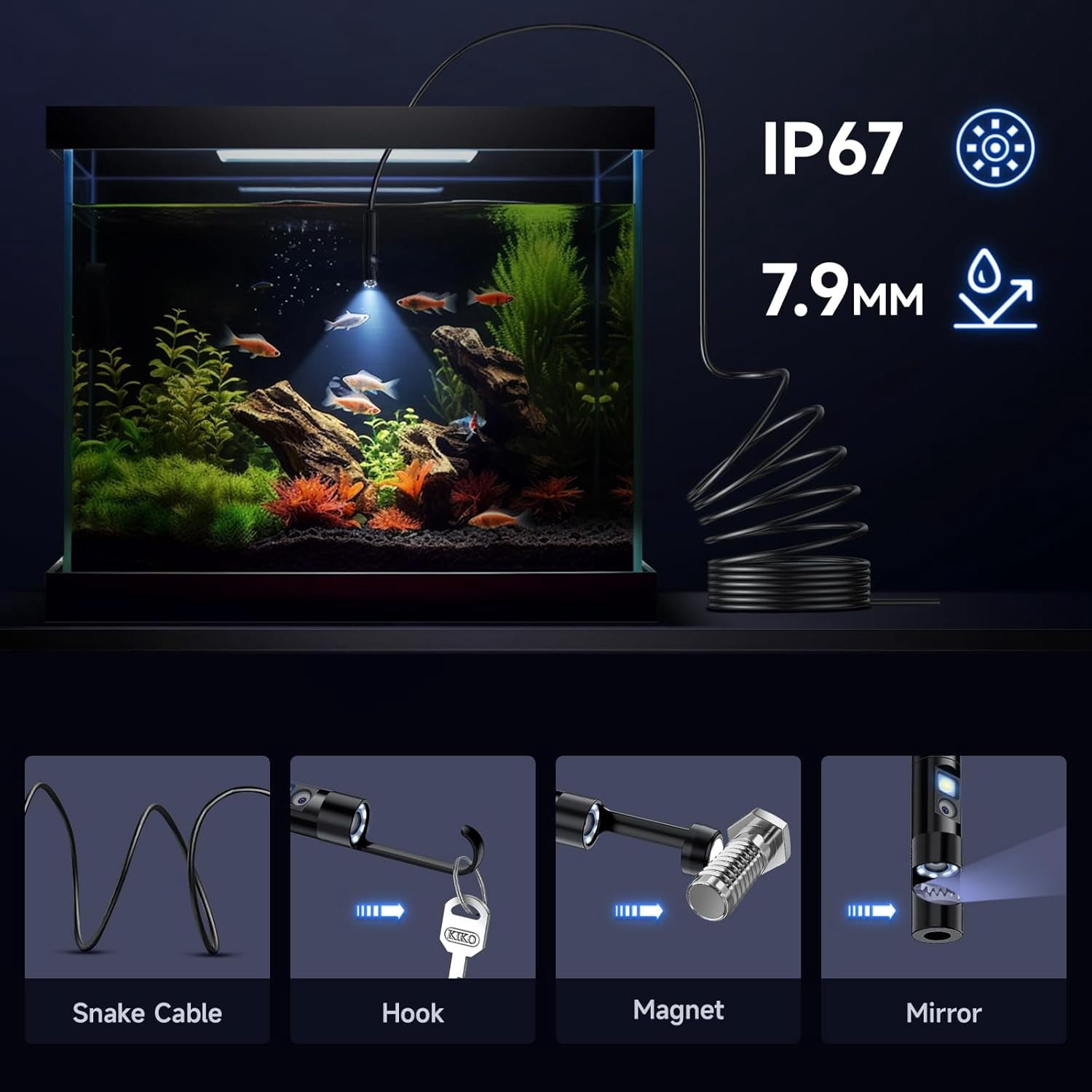 Dual-Lens Endoscope Camera with Light, 1920P HD Borescope with Adjustable LED Lights, IP67 Waterproof 16.5FT Semi-Rigid Snake Cord Inspection Camera for iPhone, iPad and Android Phone
