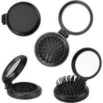 BUZIFU 4pcs Folding Travel Hair Brush Mini Hair Comb Compact Hairbrush with Mirror Small Size Hair Massage Comb Round Folding Pocket Hair Brush for Women and Girls, Black