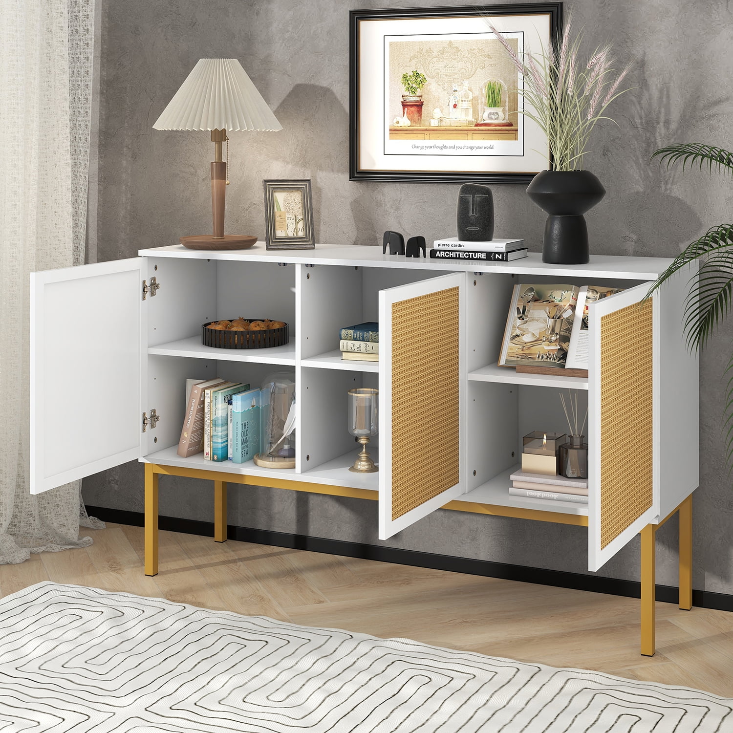 Kadyn 54" Sideboard Buffet Cabinet, Sideboard Storage Cabinet with Artificial Rattan Door and Rebound Device for Entryway, White Kadyn 54" Sideboard Buffet Cabinet, Sideboard Storage Cabinet with Artificial Rattan Door and Rebound Device for Entryway, White