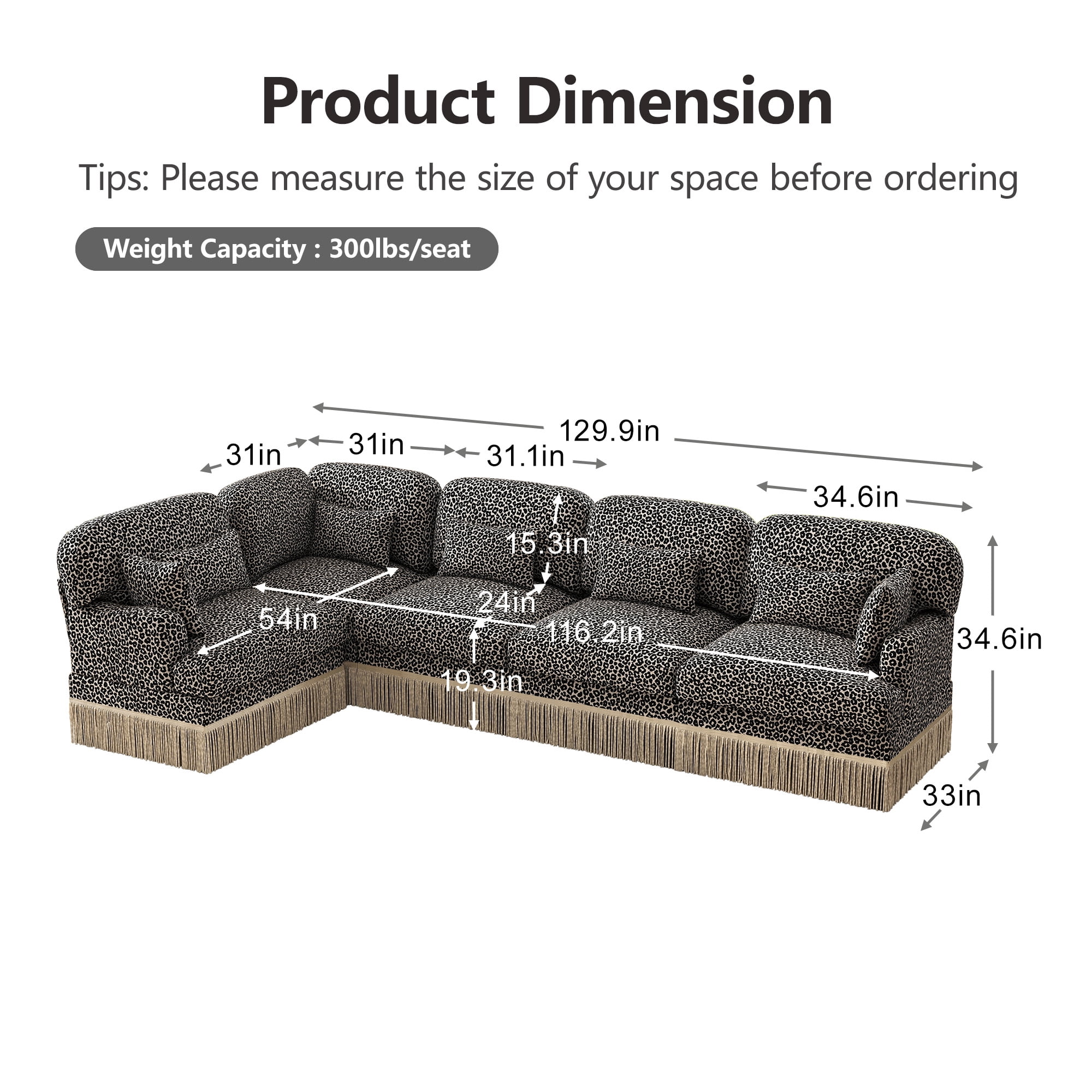 130" L Shaped 5 Seater Modular Sectional Corner Couches with 2 Throw Pillows and 5 Lumbar Pillows