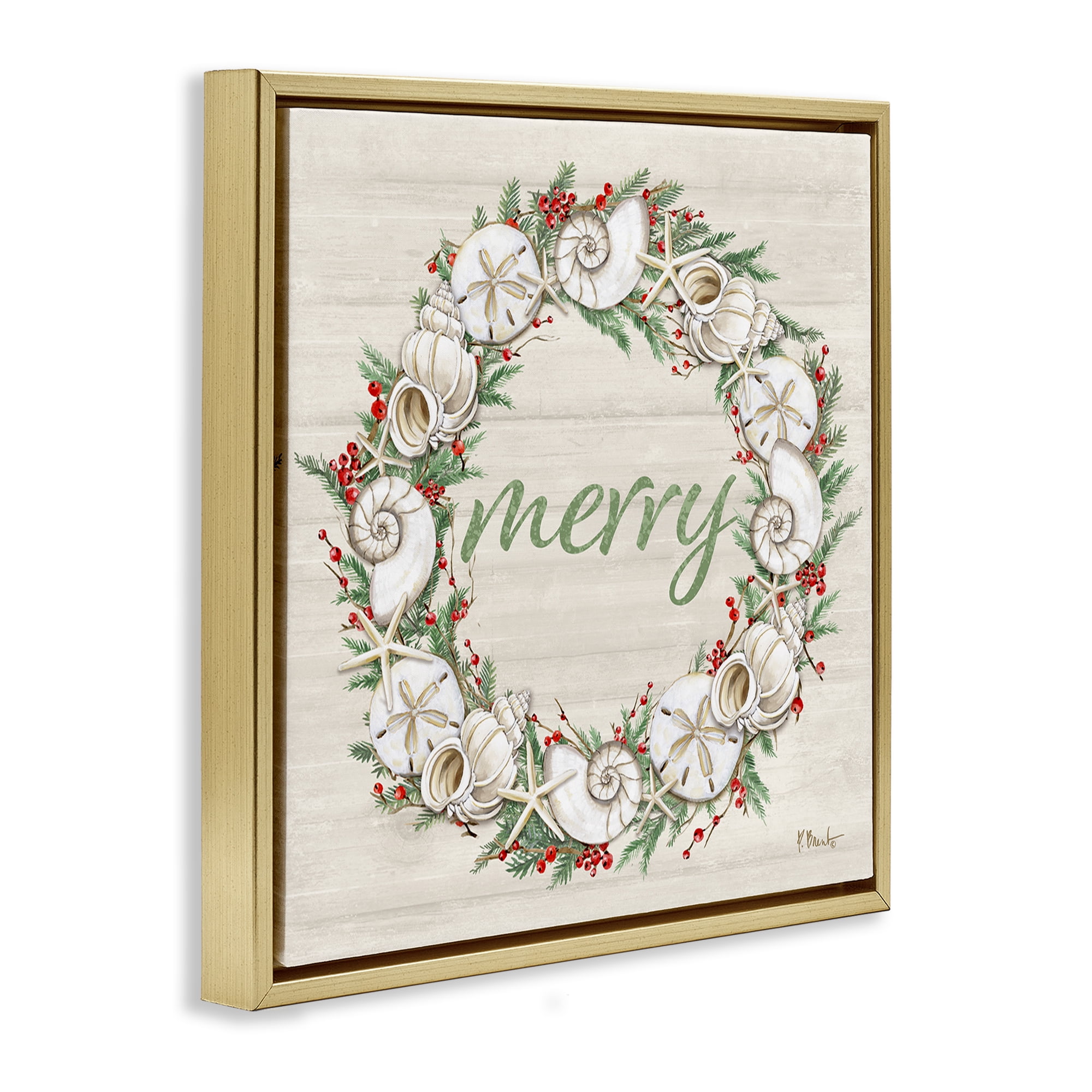 Stupell Industries Shells & Festive Holly Holiday Painting Gold Floater Framed Canvas Art Print Wall Art, 25 x 25