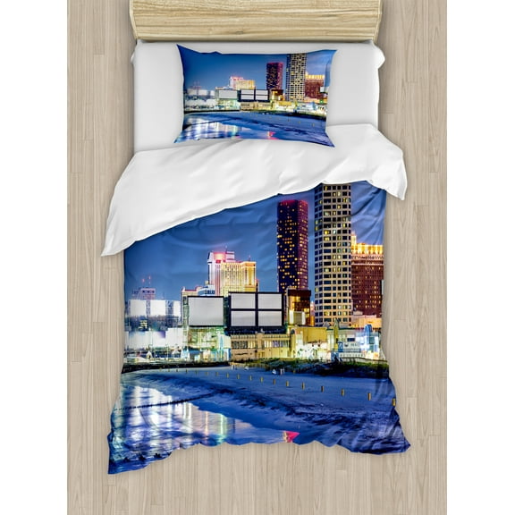 City Duvet Cover Set, Resort Casinos on Shore at Night Atlantic City New Jersey United States, Decorative 2 Piece Bedding Set with 1 Pillow Shams, Twin Size, Violet Blue Pink Yellow, by Ambesonne