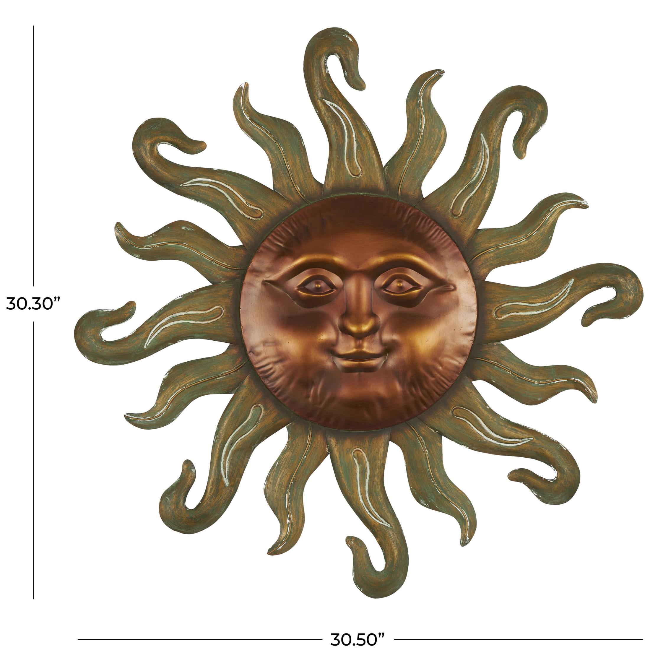 DecMode Copper Metal Sun Wall Decor with Smiling Face and Curved Rays