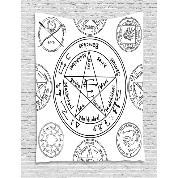 Pentacle Tapestry, Occult Style Concept Educational Black and White Geometric Forms and Texts, Wall Hanging for Bedroom Living Room Dorm Decor, 60W X 80L Inches, Black and White, by Ambesonne