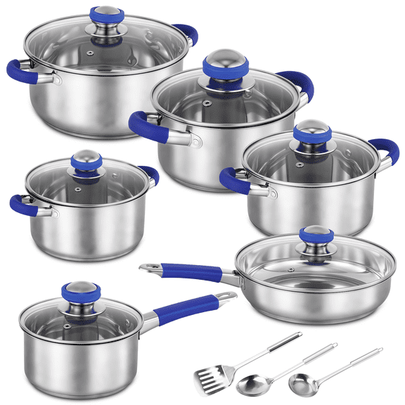 15Pcs Stainless Steel Cookware Set, Pots and Pans Set with Glass Lids, Kitchen Induction Cookware with Utensil Sets For Oven & Dishwasher ,Heavy Premium Kitchen Cooking, Blue