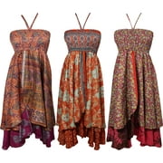 Mogul Wholesale Lot Of 3 Pcs Womens Sundress Recycled Silk Sari Vintage Two Layer Salvador Summer Halter Dress