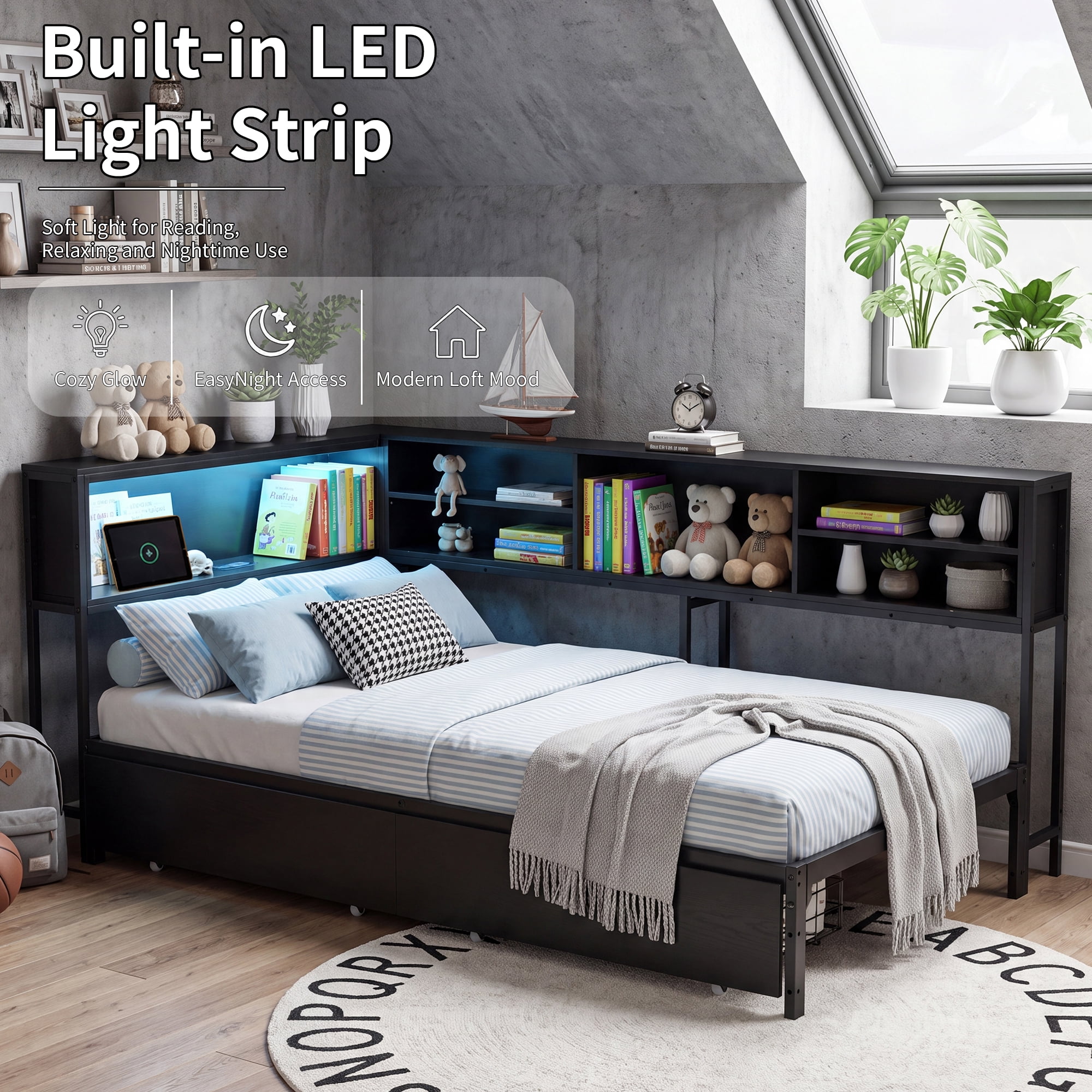 Leumius Corner Bed Frame with Storage Bookcase, Full Daybed with LED Lights & 2 Drawers, Metal Platform Bed with Headboard and Charging Station for Bedroom Guest Room Black