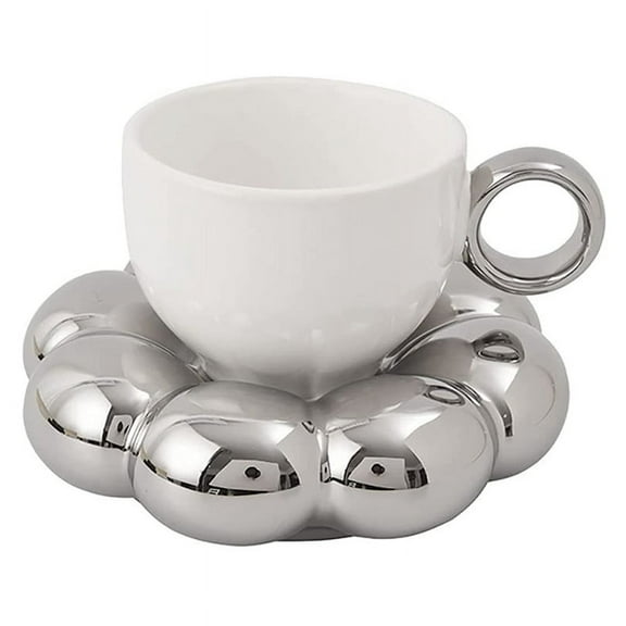Flower Coffee Cup & Saucer Set Cute Mug & Saucer Set Ceramic Coffee Cup with Sunflower Saucer Latte Cups 6.7Oz Silver