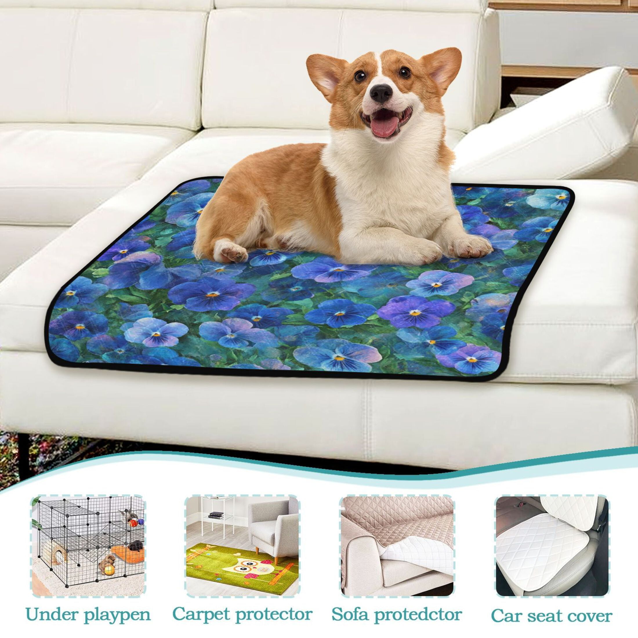 Washable Pet Pee Pads with Super Absorbent Reusable Training Pads for Dogs & Cats Blue Pansies