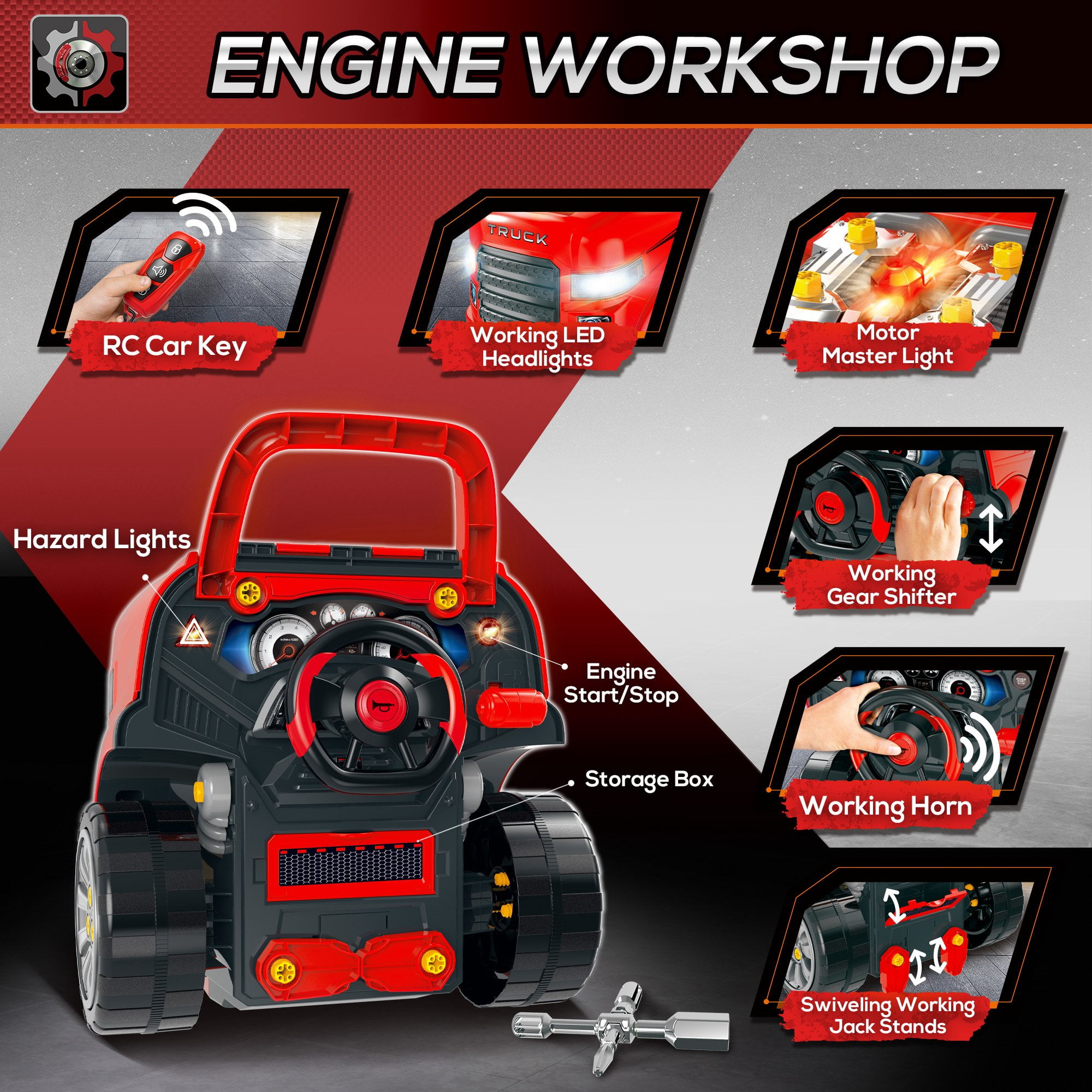 Qaba Mechanic Kids Truck Engine Toy Set, Car Service Playset, Engine Disassembly Play Workshop, 61 Pieces, Steering Wheel, Horn for 3-5 Years, Red