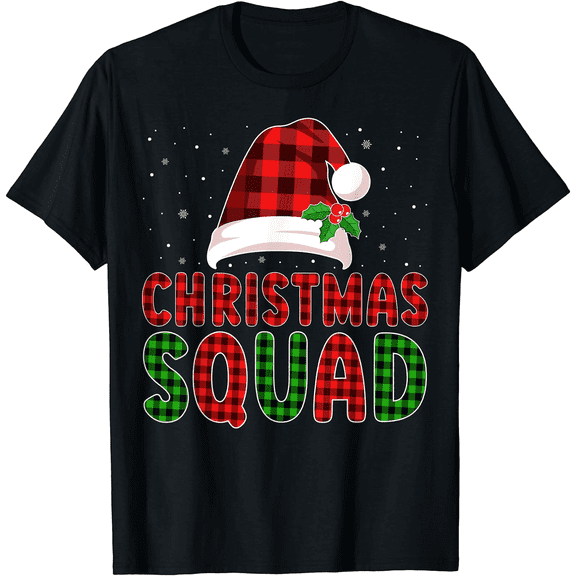 Men’s Black Christmas Squad Plaid Santa Hat Holiday T-Shirt