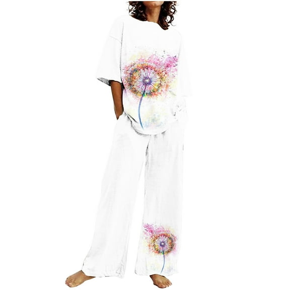 Plus Size Loungewear Sets for Women Winter Loose Printing Outfit Suit Short Sleeve Tops Wide Leg Pants with Pockets 2 Piece Sets