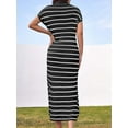 thumbnail image 6 of Komoo Women Striped Knit Dress Short Sleeve V Neck Collared Side Slit Dress Summer T Shirt Dress, 6 of 7