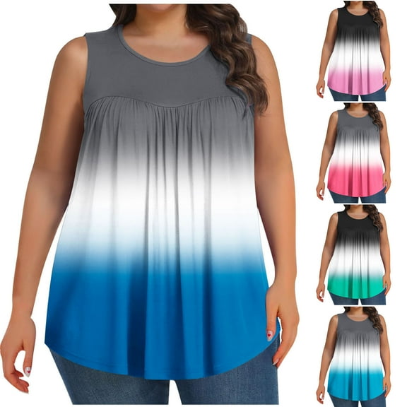 Frostluinai Plus Size Tank Tops for Women Sleeveless Loose Fit Tanks Crew Neck Pleated Tunic Shirts Fahsion Gradient Flowy Tanks