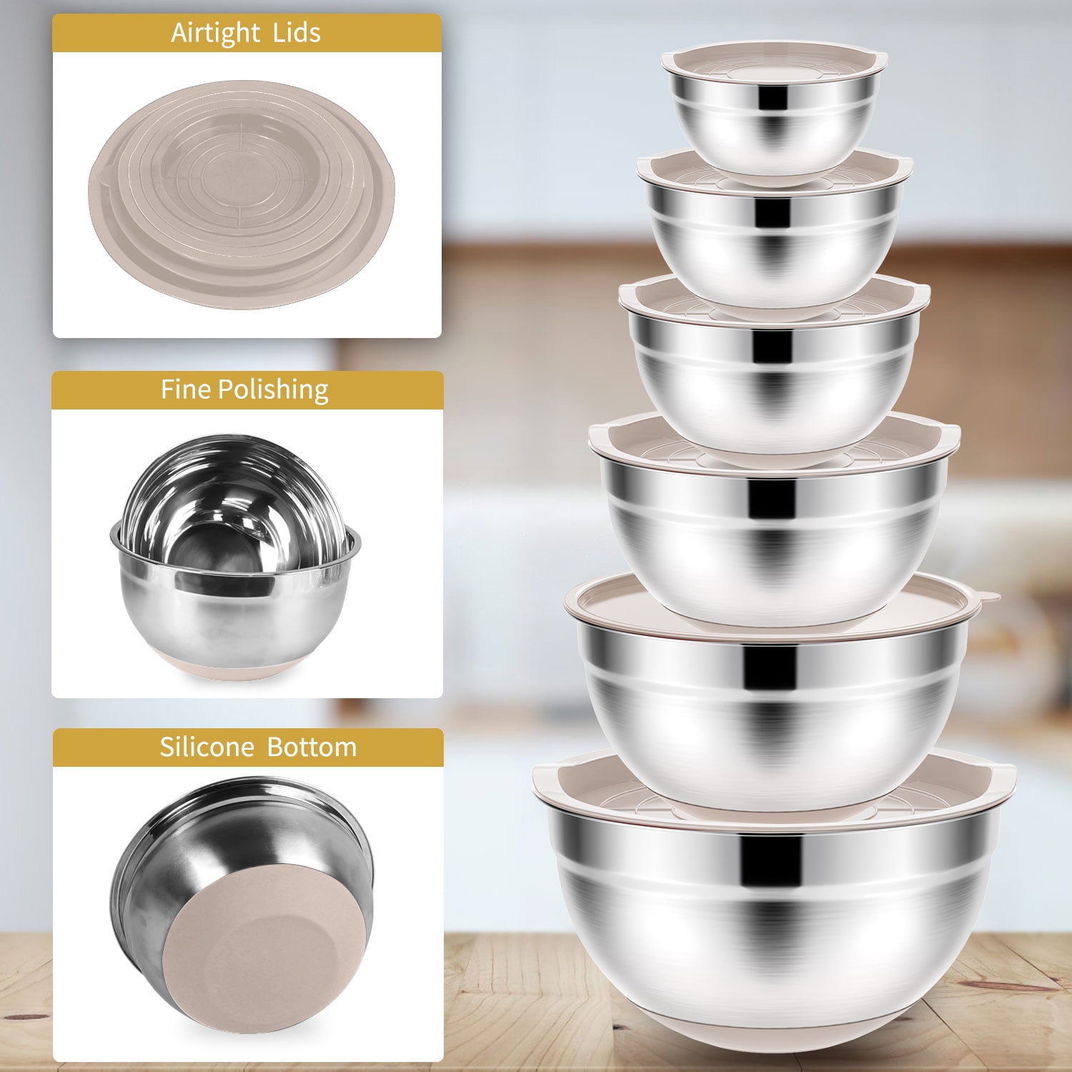 TINANA Mixing Bowls with Lids: 20 Pcs Stainless Steel Mixing Bowls Set with Rubber Bottom, 7, 4, 3.5, 2.5, 2, 1.5QT Metal Mixing Bowls for Kitchen, Multi-Color