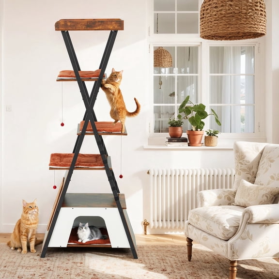 BUPPLEE Modern Wood Cat Tower for Indoor, Sturdy Multi-Level Cat Condo Activity Center with Sisal Scratching Post, Large Cat House & Removable Washable Mats