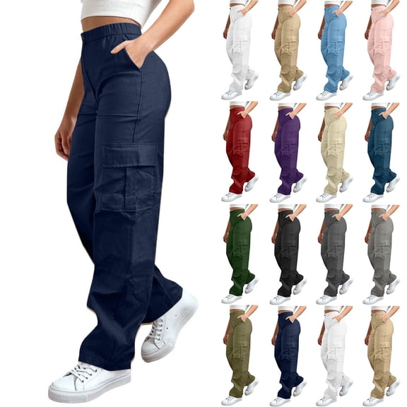cocolona Womens Cargo Pants Wide Leg Baggy Work Pants Outdoor Travel Hiking Pants Elastic Waist Button Trousers Fashion Streetwear