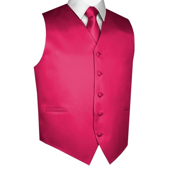 BEST TUXEDO Men's Formal, Prom, Wedding, Homecoming, Tuxedo Vest, Tie & Hankie Set in Fuchsia Solid Satin - XL