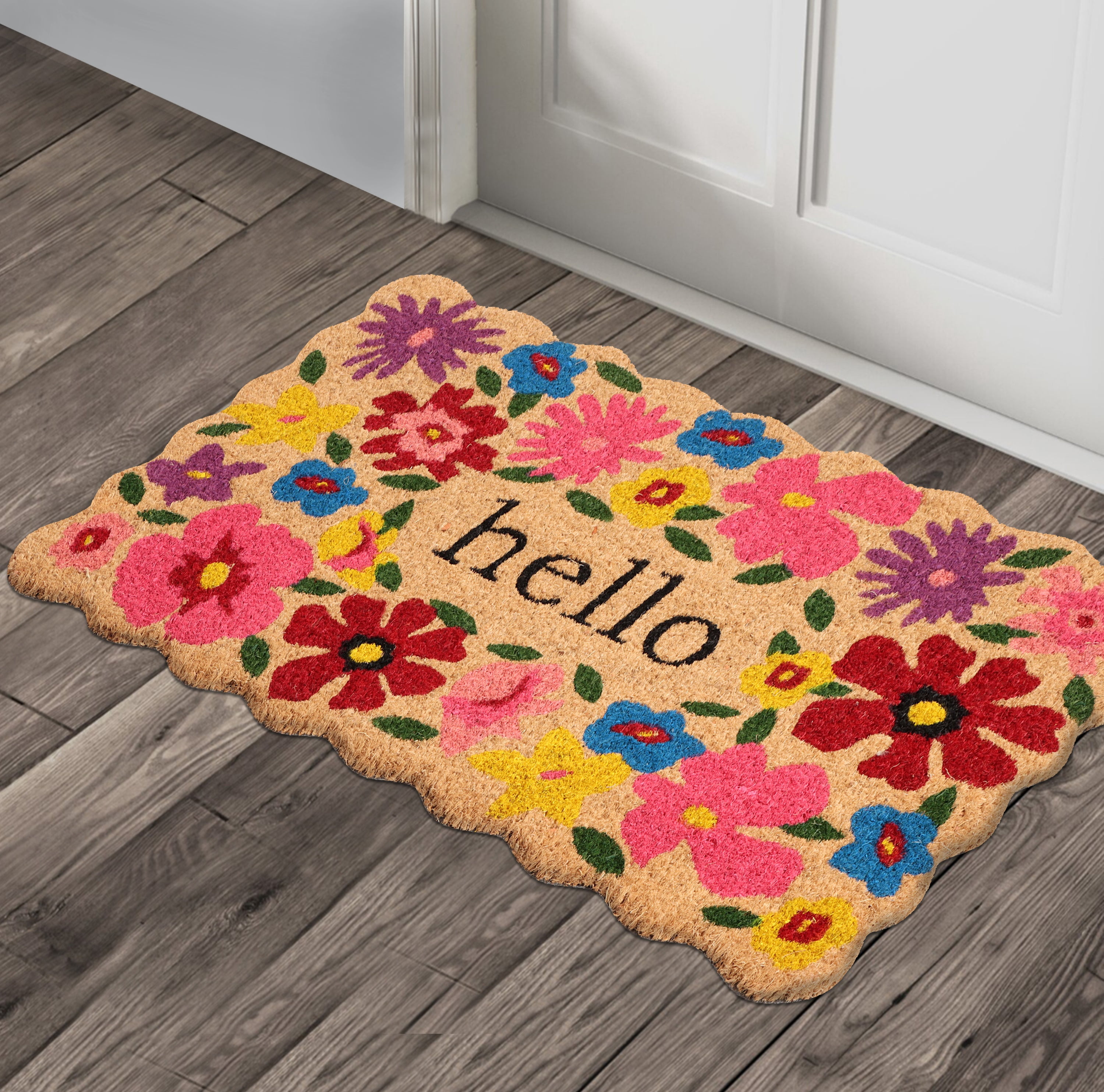 A1HC Natural Coco Coir Doormat, Spring Floral Scalloped Hello, 18"x30", Durable Outdoor Welcome Mat, Non-Slip, Easy to Clean, Pet Friendly