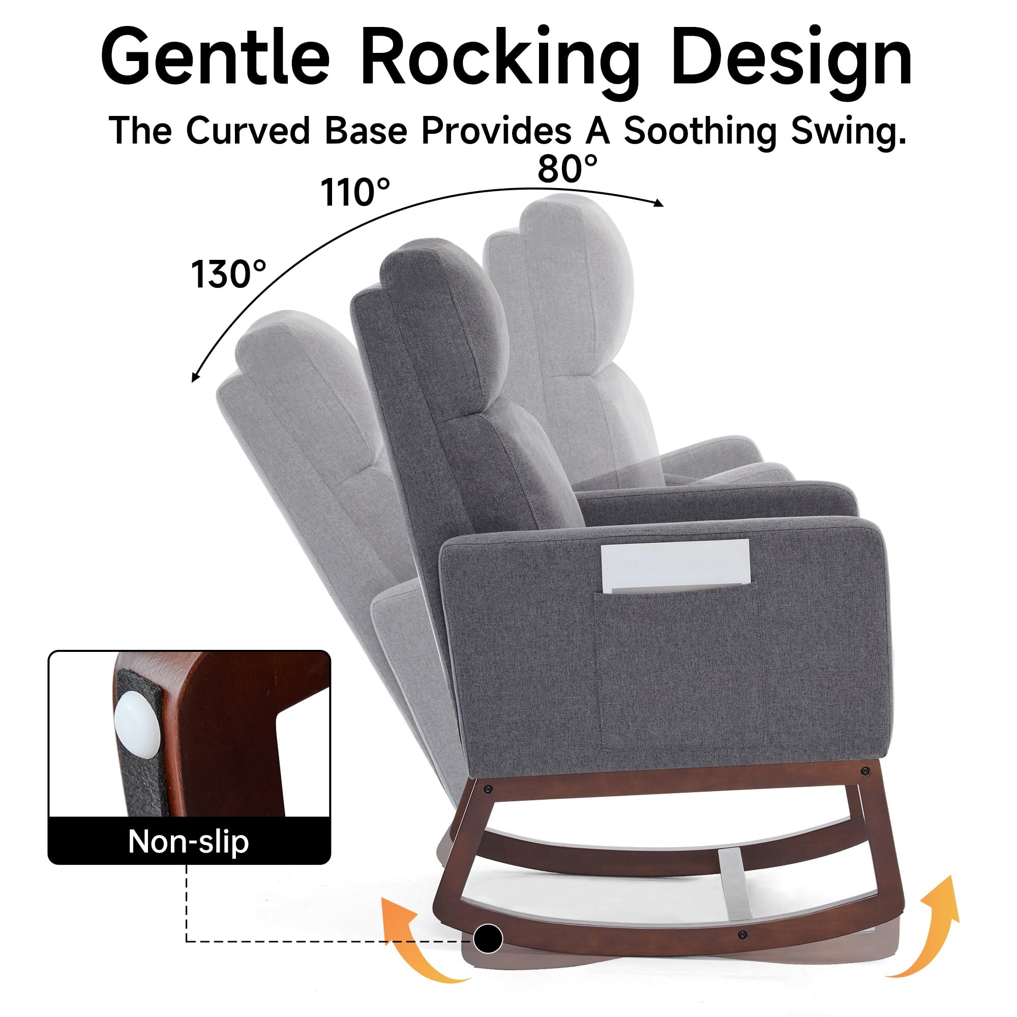 AUNEKIV Rocking Chair Nursery, Upholstered Accent Rockers, Nursing Glider Chairs for Bedroom, Grey