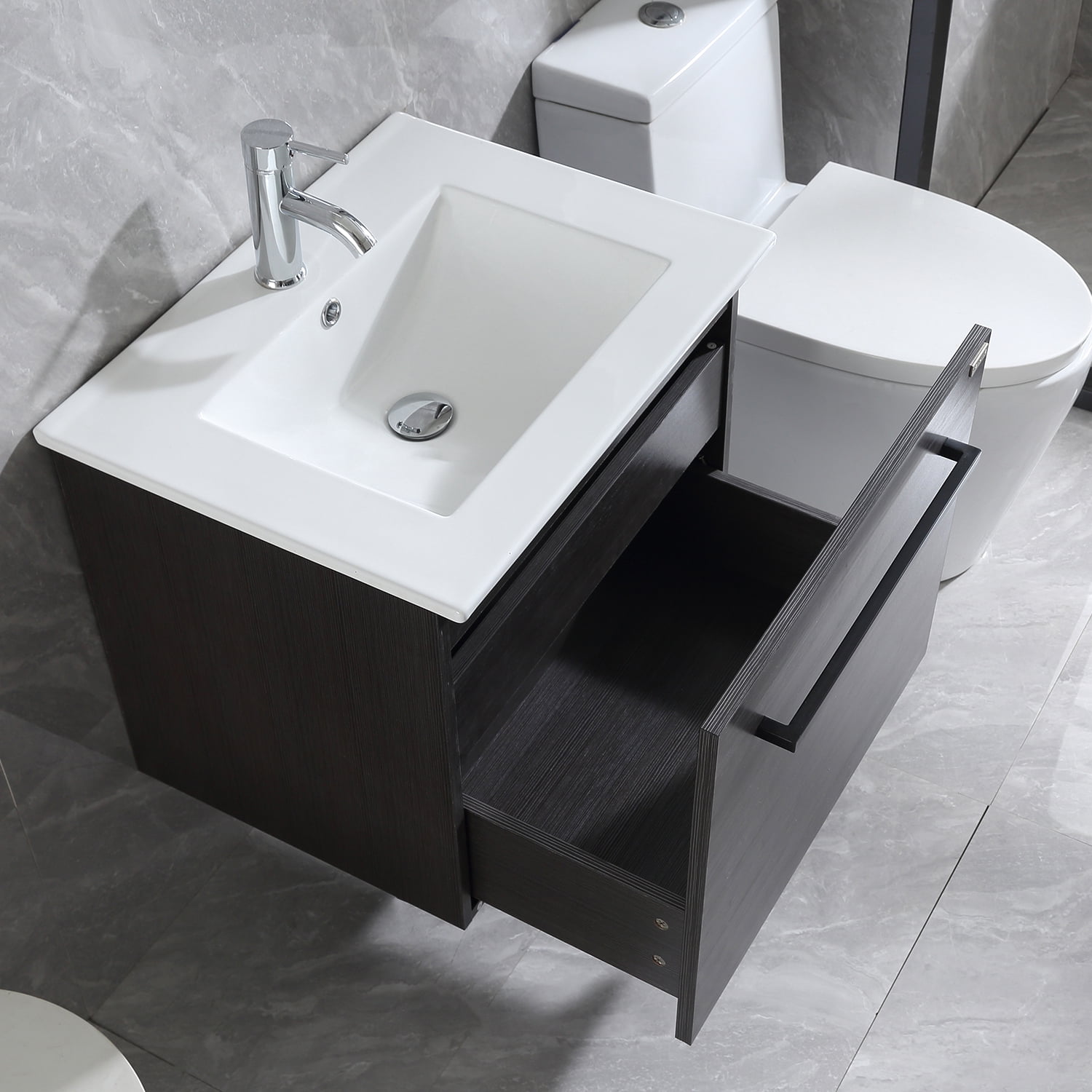 Wonline 24 in. Wall Mount Bathroom Vanity Black Wood Cabinet with Sink and Faucet Floating Style Mirror not Include
