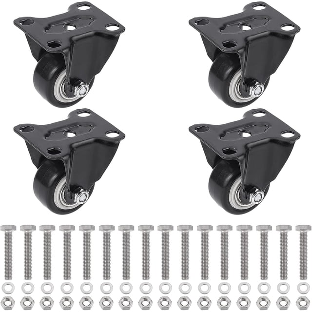 Juego de 4 ruedas giratorias fijas de poliuretano de 1,6 pulgadas, color negro, con 48 tuercas y tornillos de acero inoxidable. Ideales para muebles, bancos de trabajo, oficinas y sillas giratorias.