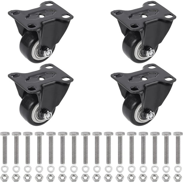 Juego de 4 ruedas giratorias fijas de poliuretano de 1,6 pulgadas, color negro, con 48 tuercas y tornillos de acero inoxidable. Ideales para muebles, bancos de trabajo, oficinas y sillas giratorias.
