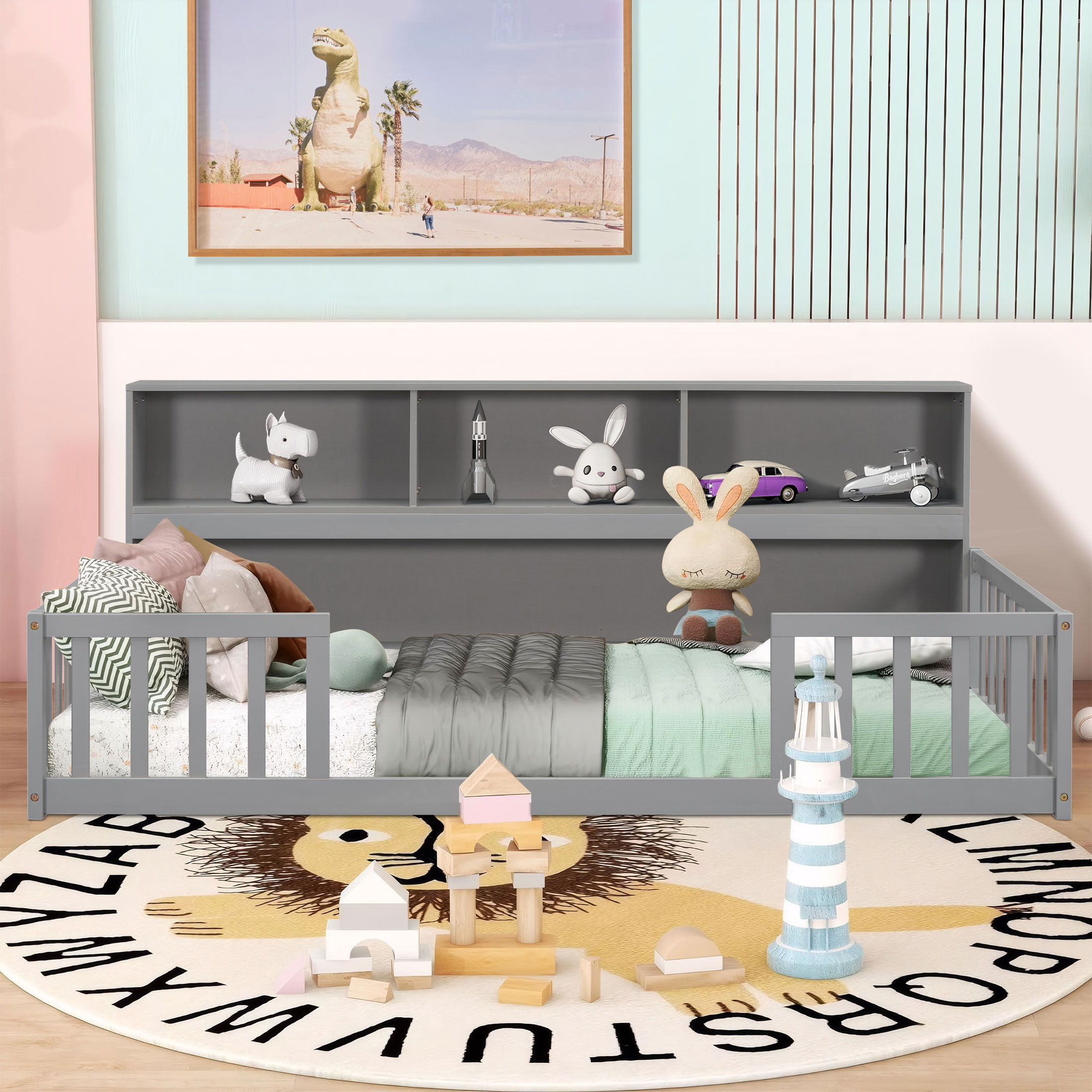 PORKISS Twin Floor Bed Frame with Bookcase and Fence, Wood Kids Floor Bed with Storage Shelves, Montessori Bed, Grey