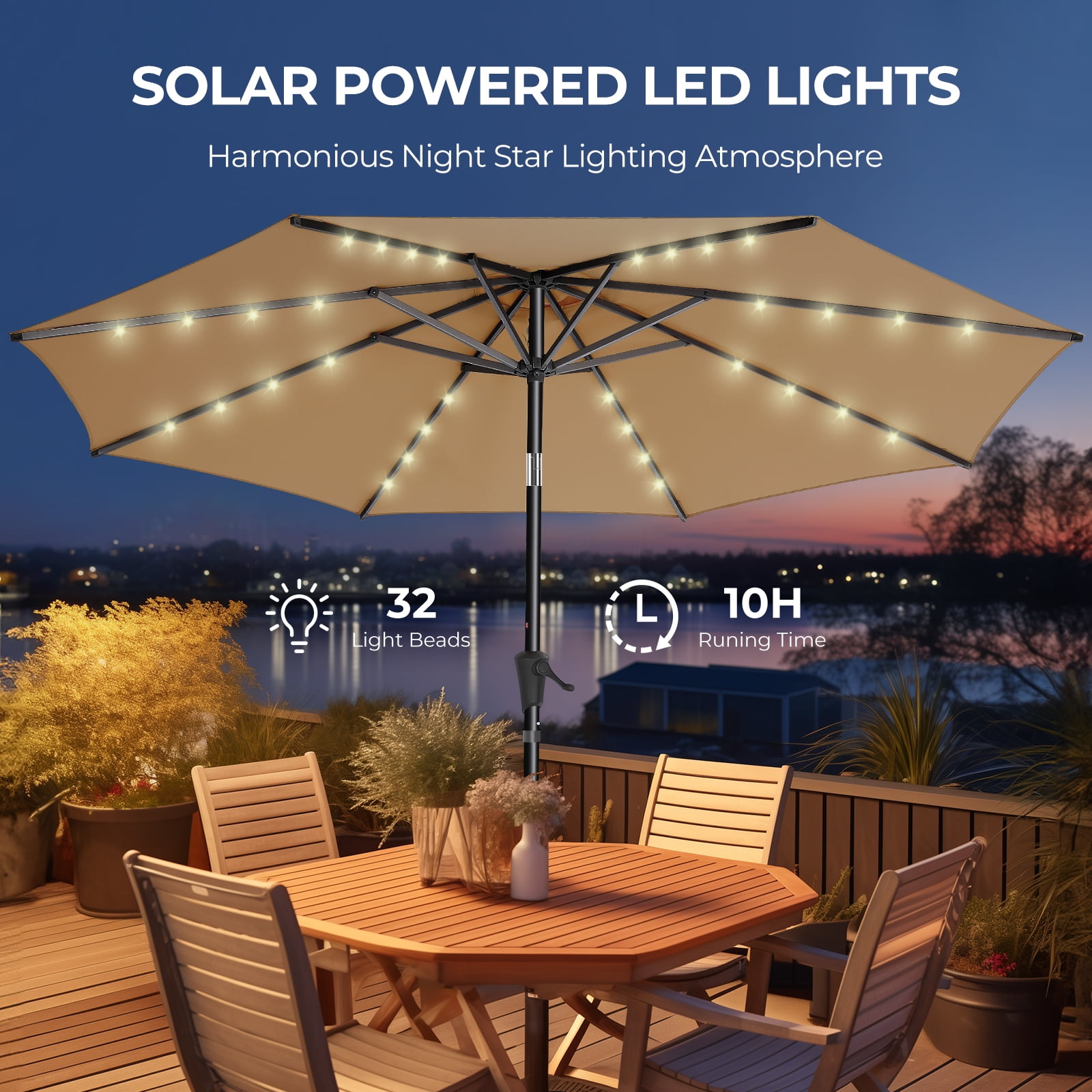 9ft Solar Polyester 32 LED Lighted Patio Umbrella with Tilt Adjustment and UV-Resistant Fabric,for Garden,Deck,Backyard,Pool and Beach