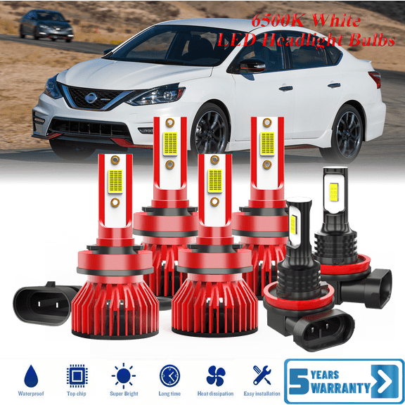 For Nissan Sentra 2013-2019 Combo LED Headlight High Low Beam Bulbs 6 Pack, 6,500K Cool White 30,000LM Super Bright