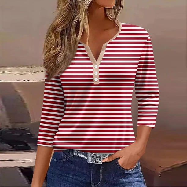Fiudx Camisas de Mujer Blusa de Manga 3/4 Corta Estampada a La Moda para Mujer, Blusa Informal con Cuello Redondo