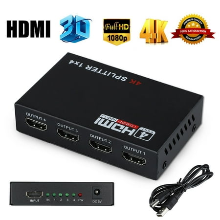HDMI Splitter 1 In 4 Out, 4K 1x4 HDMI Splitter Supports 4K 3D Full HD 1080P, V1.4 Powered 4 Port HDMI Spliter Amplifier Hub Compatible with Xbox PS4 Fire Stick Roku Player HDTV with USB