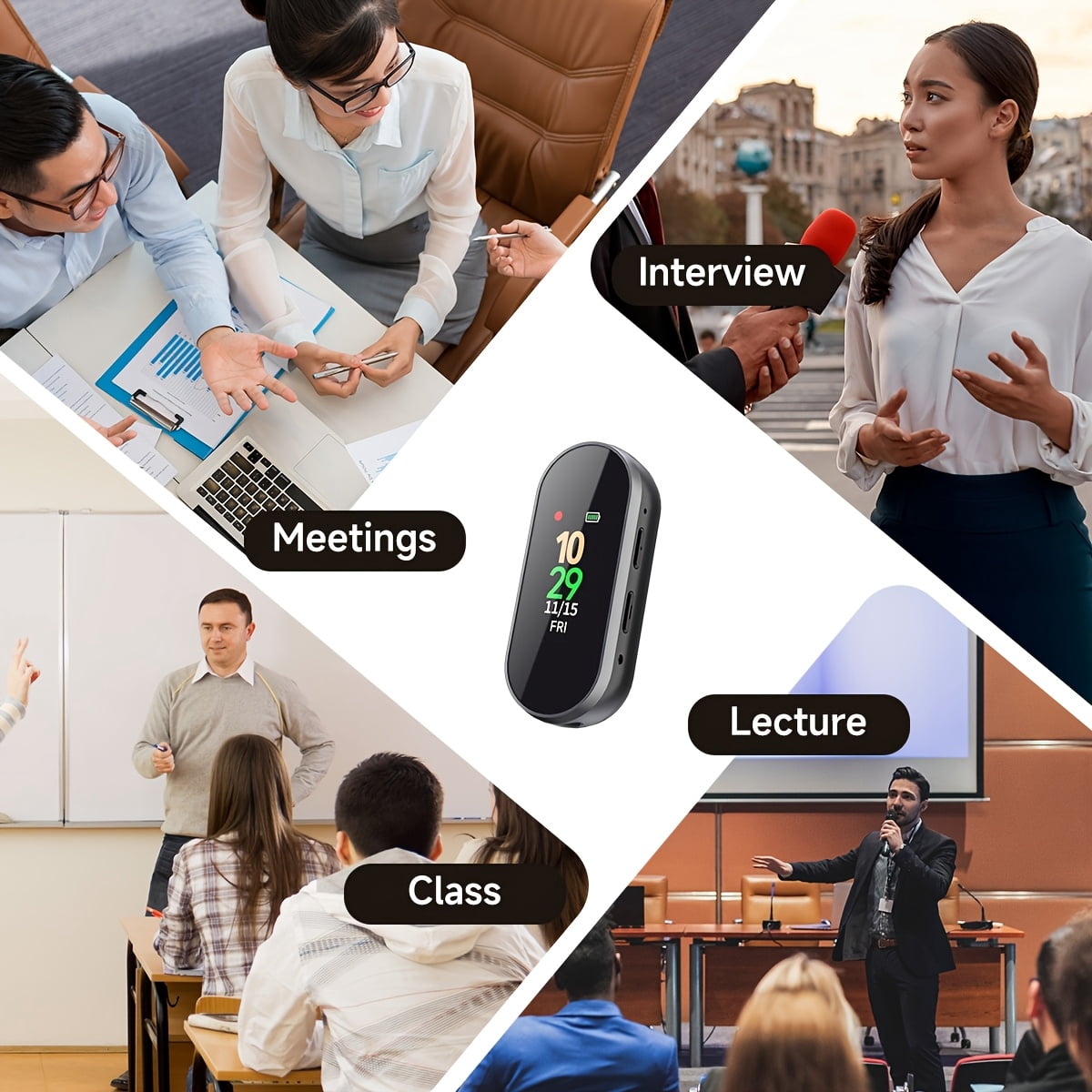 64GB 4-in-1 AI Noise Reduction Voice Recorder, 3072Kbps Hi-Fi Audio, Voice Activated Recording/Playback, Portable for Lectures Meetings Interviews, with Magnetic Case Earphones Strap USB Charging