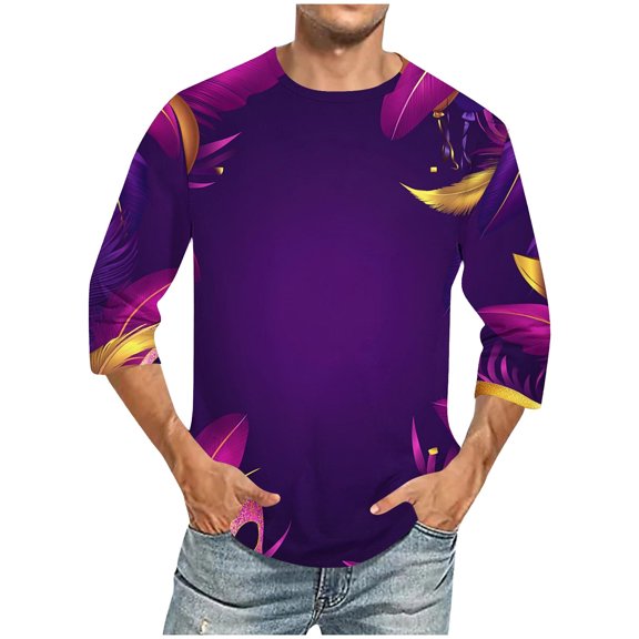 Jinhomg Holiday Party Tops for Men 2025 Mardi Gras Carnival Themed Graphic Tees Big and Tall Comfy 3/4 Sleeve Crew Neck T-Shirts Celebration Streetwear Multicolor S