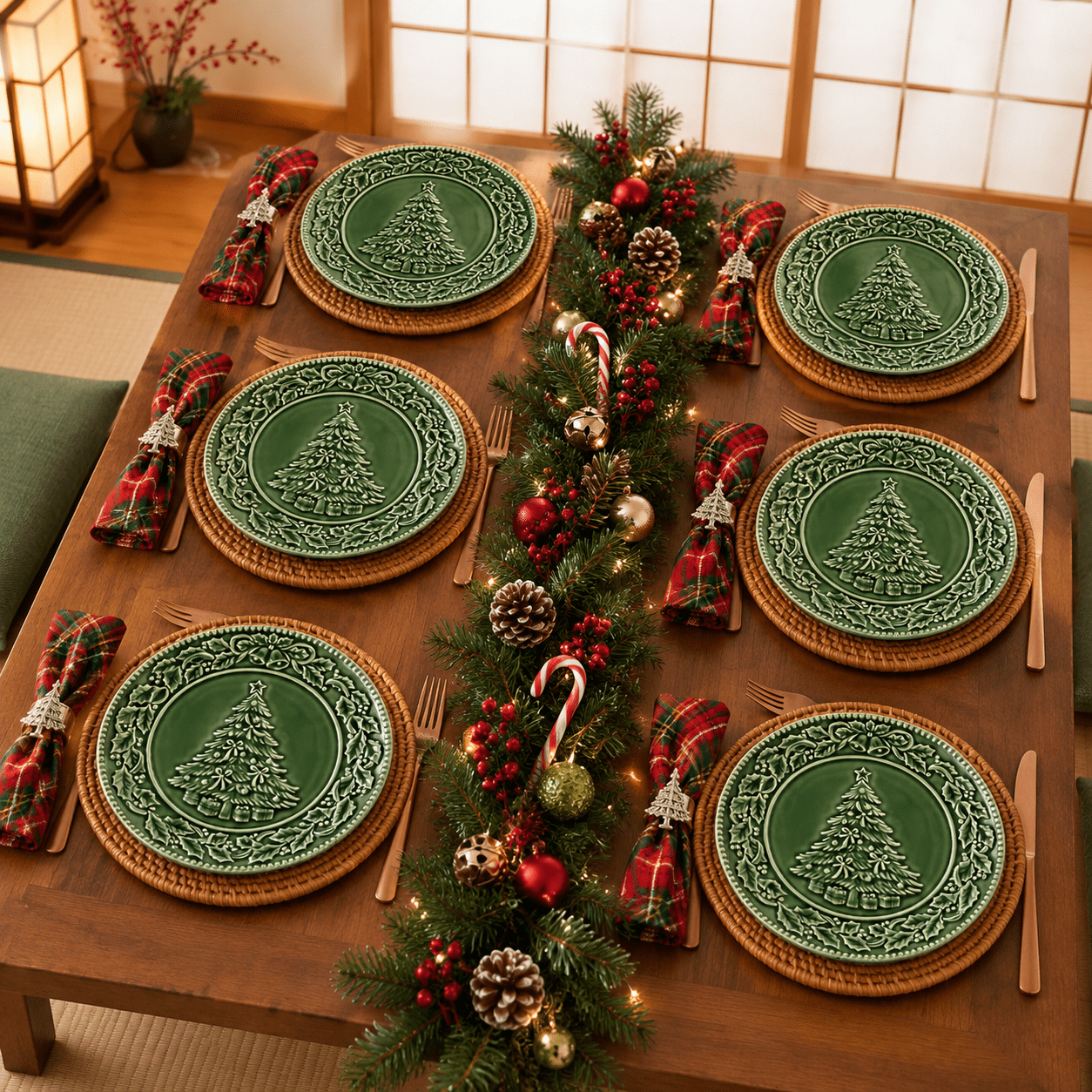 10 Inch Green Ceramic Salad Plates Set Of 6 with Embossed Christmas ...