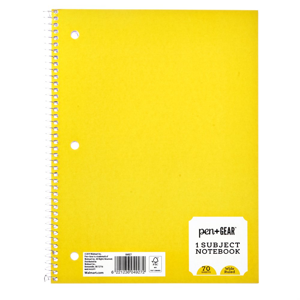 Pen + Gear 1Subject Notebook, Wide Ruled, 70 Sheets, Yellow Walmart