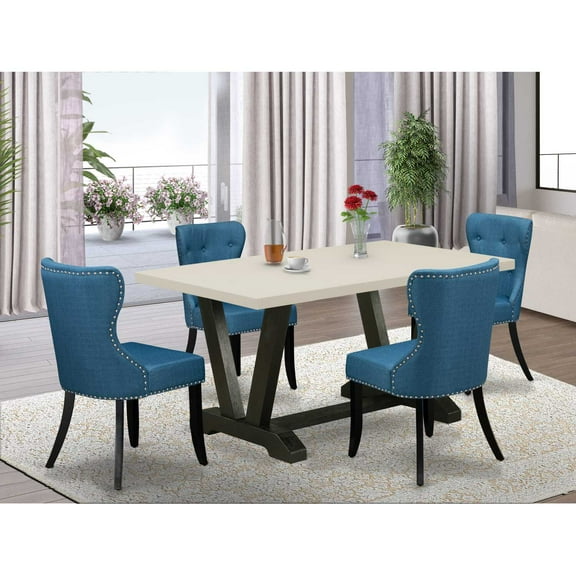 East West Furniture V626SI121-5 5-Piece Modern Dining Set- 4 Parson Chairs with Blue Linen Fabric Seat and Button Tufted Chair Back - Rectangular Table Top & Wooden Legs - Linen White and Black...
