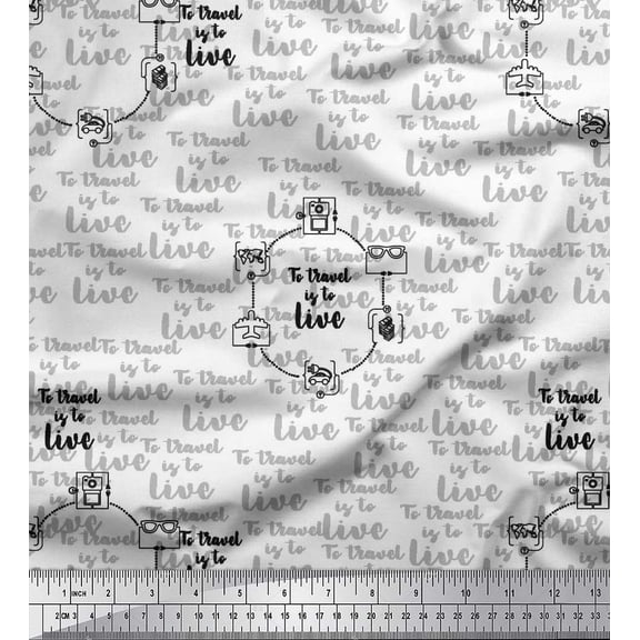 Soimoi White Silk Fabric To Travel Is To Live Text Decor Fabric Printed Yard 42 Inch Wide