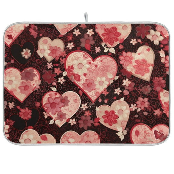 Love Hearts and Flowers Valentine Dish Drying Mat Microfiber Kitchen Pad Large Counter Absorbent Dish Mats Drainer Rack 16"x18"