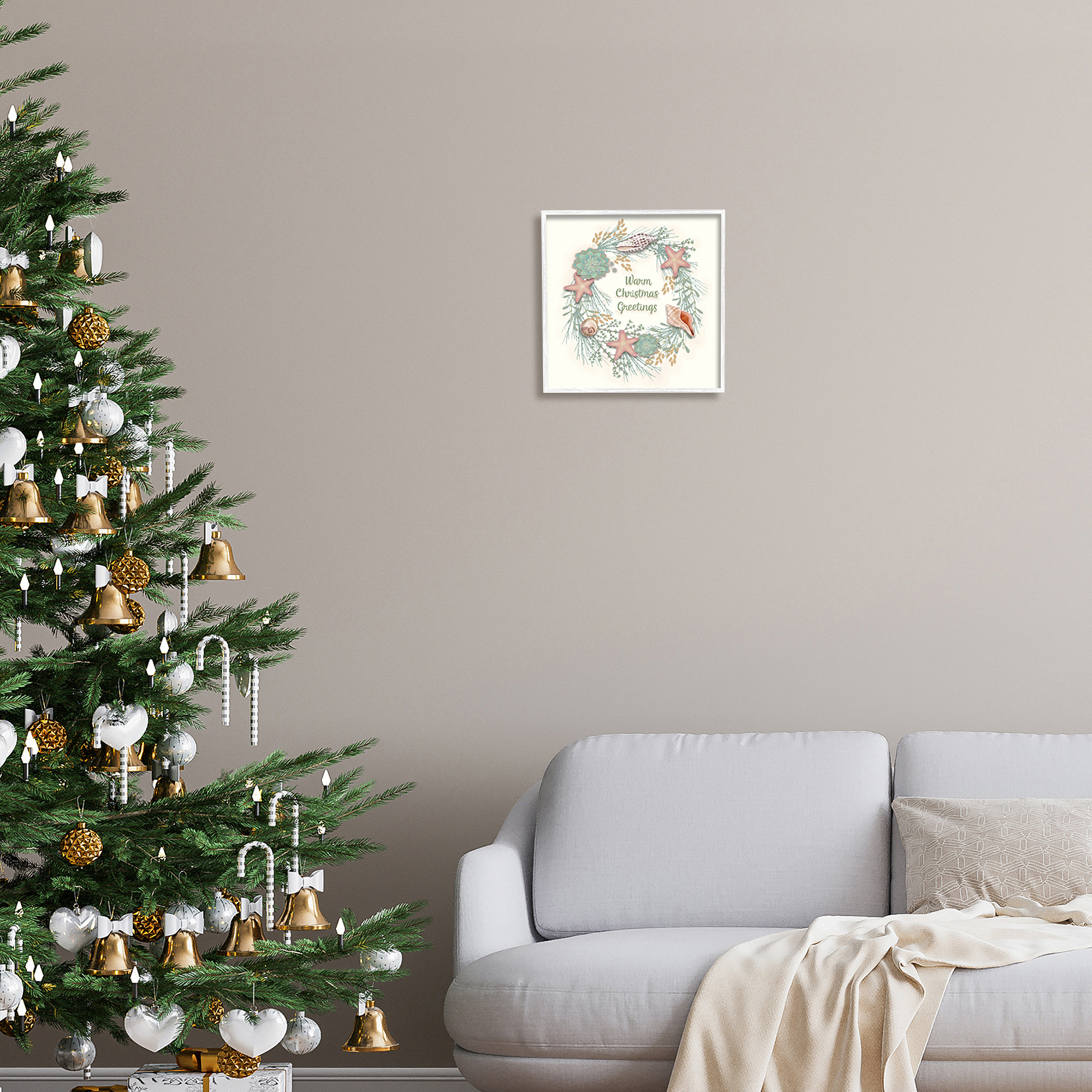 Warm Christmas Greetings Beach Shells Themed Wreath Coastal Graphic Art Framed Art Print Wall Art