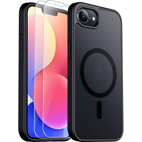 Designed for iPhone 16e Case, Magnetic Translucent Matte Case with 2PCS Tempered Glass Screen Protector Anti-Scratch Slim Phone Case for iPhone 16E 6.1'', Black
