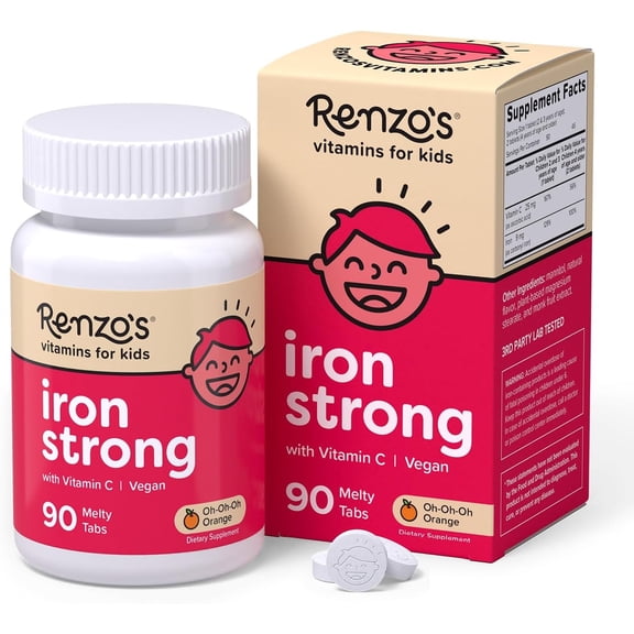 Renzo’s Iron with Vitamin C for Kids, Sugar-Free, Vegan Melty Tabs, Immune Support, 90 Tablets