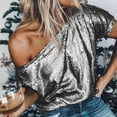 thumbnail image 4 of Wangmeiwg Women's T-Shirts title Women's Sequin V Neck Tank Top Solid Color Slouchy T Shirt With Charm Grey XXL, 4 of 6