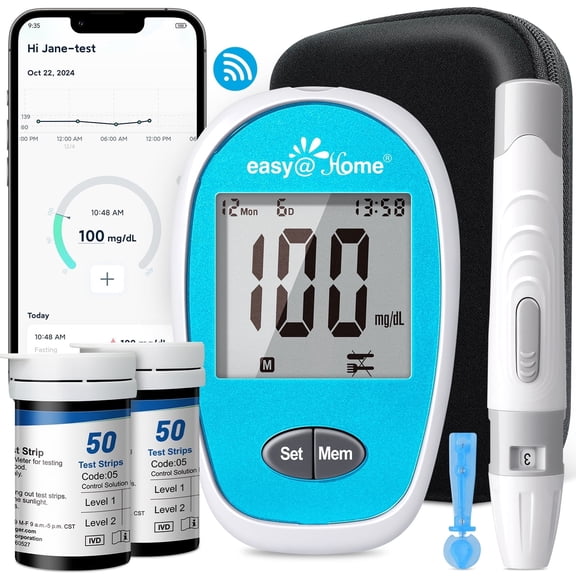 Easy@Home Wireless Blood Glucose Monitor with GlucoseEase App, 100 Test Strips & 100 Lancets, Large Display, Diabetes Testing