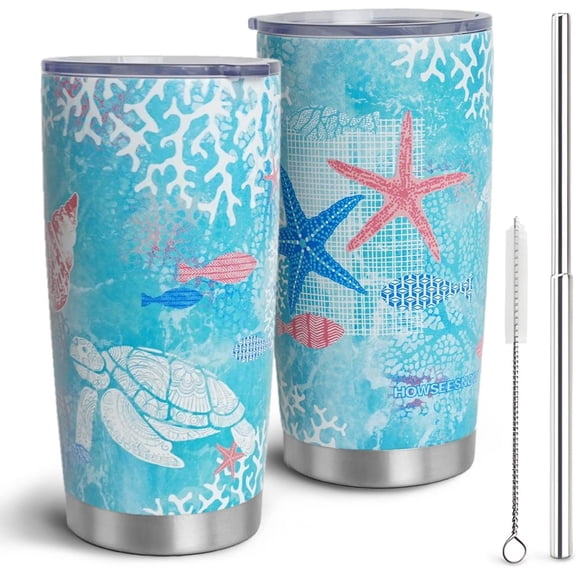 Sea Turtle Tumbler with Lid and Straw,20oz Vacuum Insulated Coffee Tumbler,Funny Ocean Beach Themed Coffee Mug Gifts for Women,Men,Ocean Beach Lovers, Reusable Starfish Tumbler Cups -Sky Blue