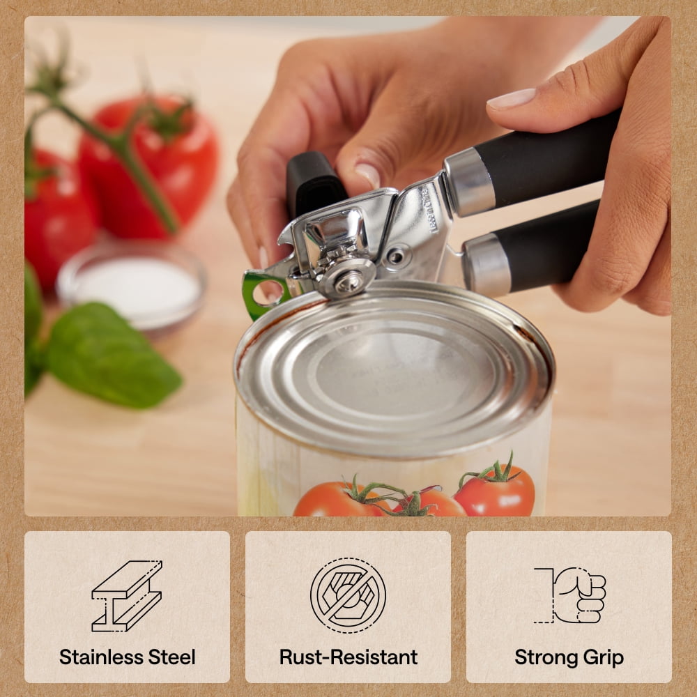 GORILLA GRIP Stainless Steel Manual Can Opener, Soft Touch Handle, Built-In Bottle Opener, Black