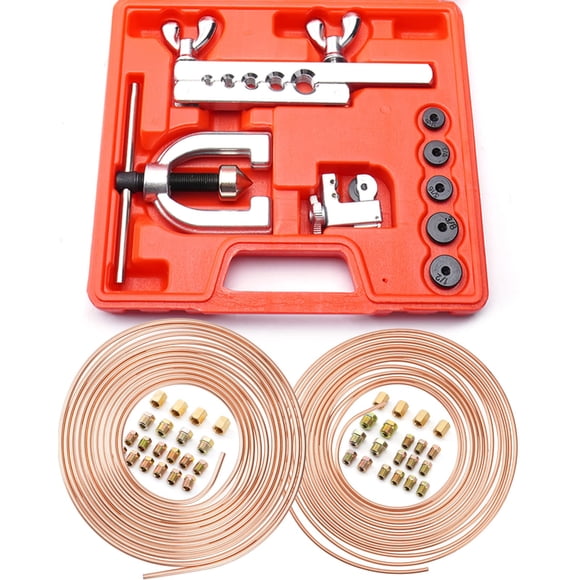 Racewill Kit de línea de freno recubierta de cobre de 25 pies 3/16" + 1/4" (incluye 32 accesorios y 8 uniones) + kit de herramientas de abocardado doble y simple de línea de freno