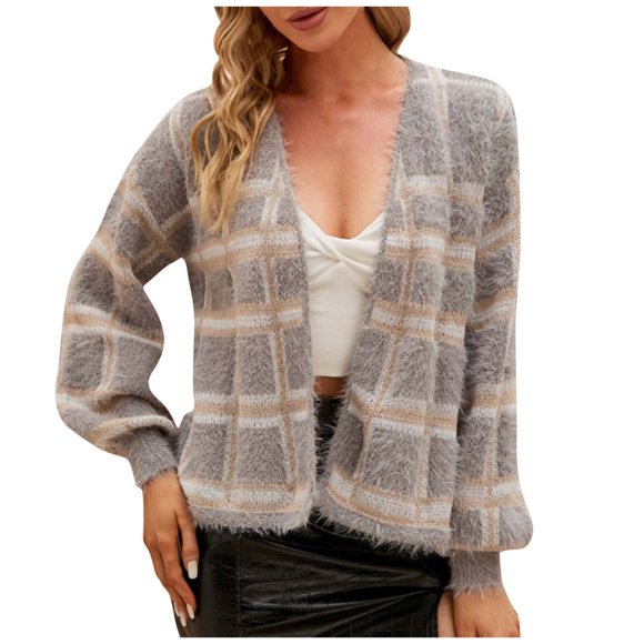CEHVOM Women's V- Neck Check Cardigan Mohair Knitting Sweater Long Sleeve Tops Clearance