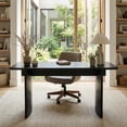 thumbnail image 2 of Guyou 55" Natural Oak Desk, Light Wood Finish MDF Study Table, Versatile Vanity & Office Desk with Sculptural Legs, Sturdy Two-Pedestal Design for Work & Study, Black, 2 of 11