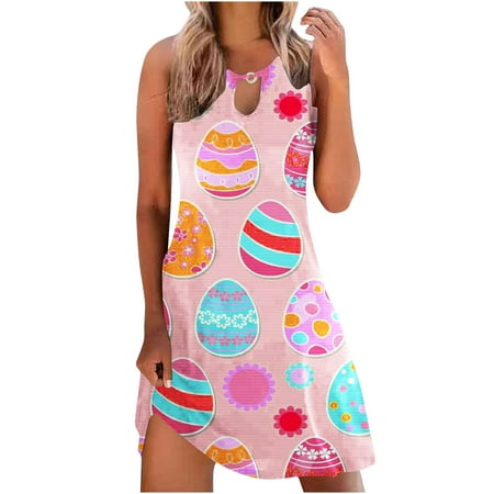 

jsaierl Easter Dress for Women Bunny Egg Print Summer Dresses Sleeveless Midi Sun Dress Resort Wear Tank Dresses Happy Easter Gift for Women